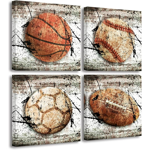 Boys Room Wall Decor - Sports Decor for Boys Bedroom Vintage Basketball Baseball Football Soccer Pictures Canvas Print Rustic Ball Painting Wall Art Home Artwork Framed 12''''x12''''x4