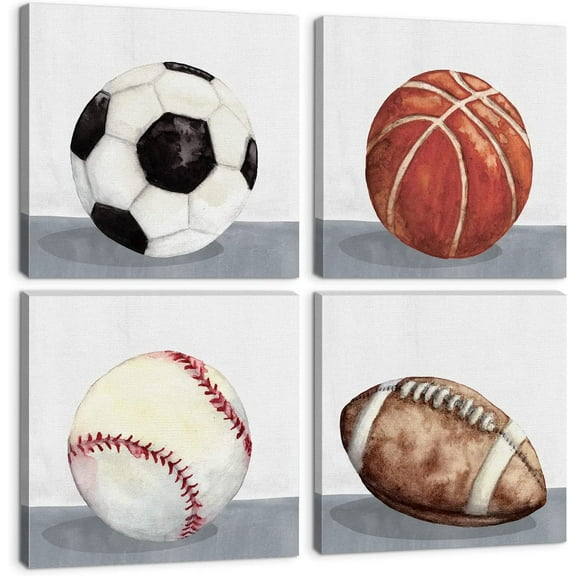 Boys Room Wall Decor Sports Decor for Boys Bedroom Vintage Football Soccer Baseball Basketball Canvas Pictures Kids Wall Art Ball Painting Playroom Nursery Decorations Rustic Artwork 12x12" 4 Pcs