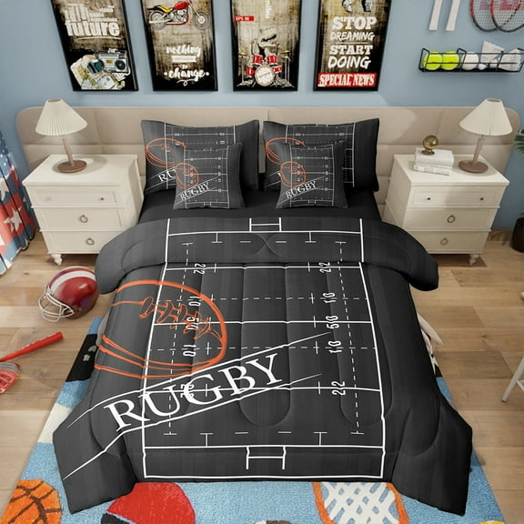 Rugby Bedding Twin Size 7pcs Sports Theme Bed in a Bag, Ball Gamer Comforter Set Black Reversible Bedding Comforter Sets, Soccer Football Bedding Accessories, Ultra Soft