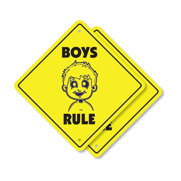 Boys Rule (2 Pack) Plastic Crossing Sign - 12 Inch X 12 Inch Xing Sign Gift Funny Humor Kids Room Decor Boys Clubhouse Sports Game Fun Mischief
