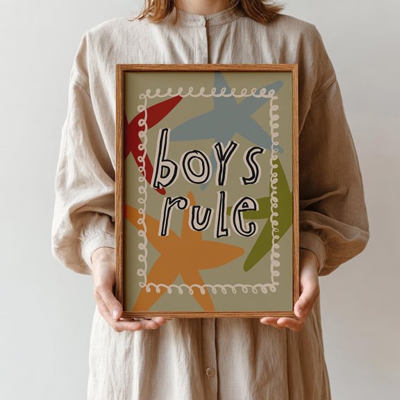 Boys Rule Green Stars Boys Cute Playroom Room Blue Stripe Poster