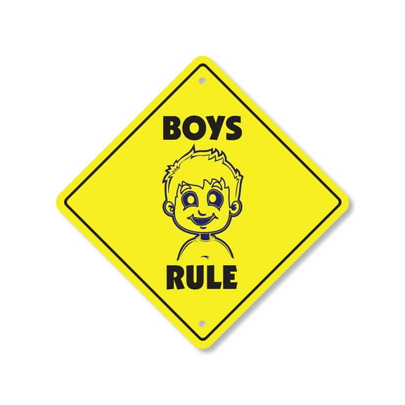 Boys Rule Plastic Crossing Sign - 12 Inch X 12 Inch Xing Sign Gift Funny Humor Kids Room Decor Boys Clubhouse Sports Game Fun Mischief