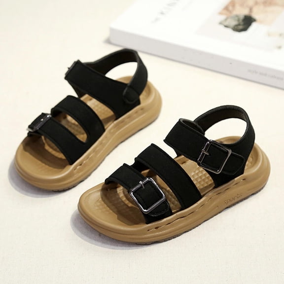 Boys' Sandals Black Adjustable Buckle Closure, Water-Resistant Play & Casual Sandals for Kids with Comfortable Chunky Sole,Size 37