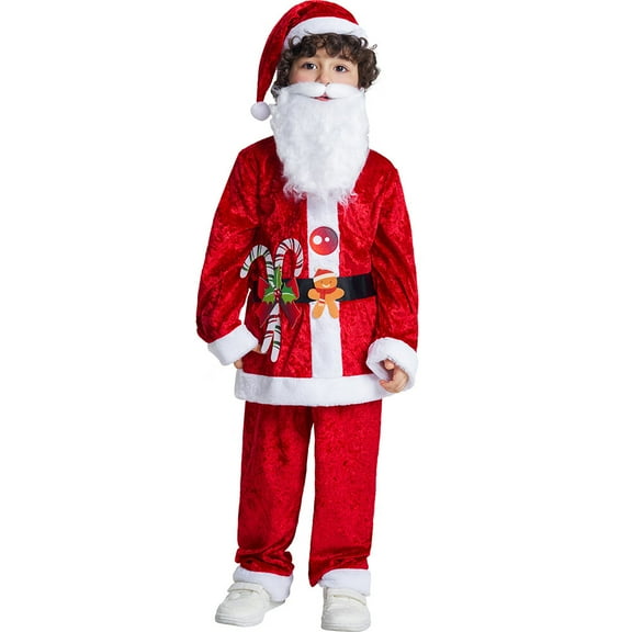 Boys Santa Claus Suit Top Pants Hat Sleeves Xmas Homewear Costumes 3-10 Years