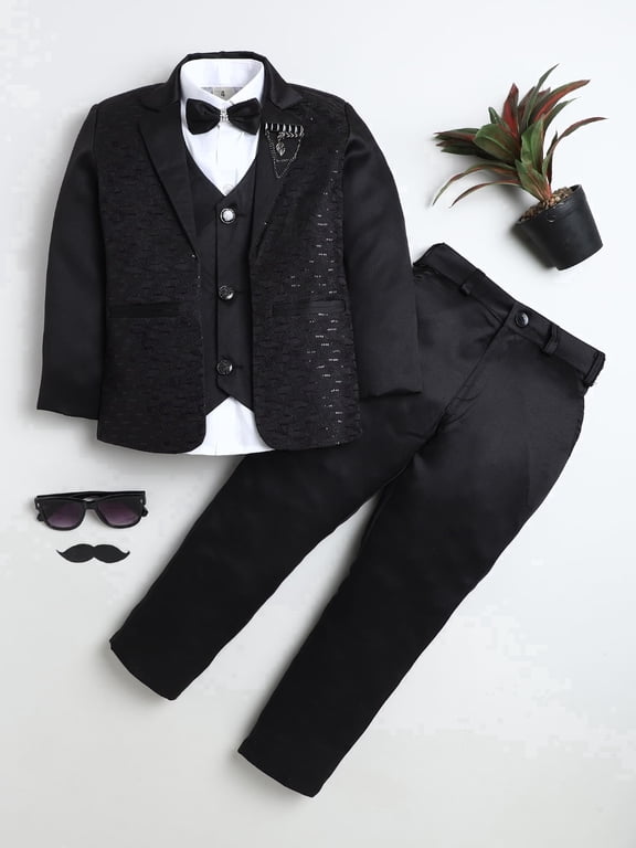 Boys' Geometric Satin Jacquard 3-Piece Suit Jacket Set with Bow Tie, Black, 5-6Y