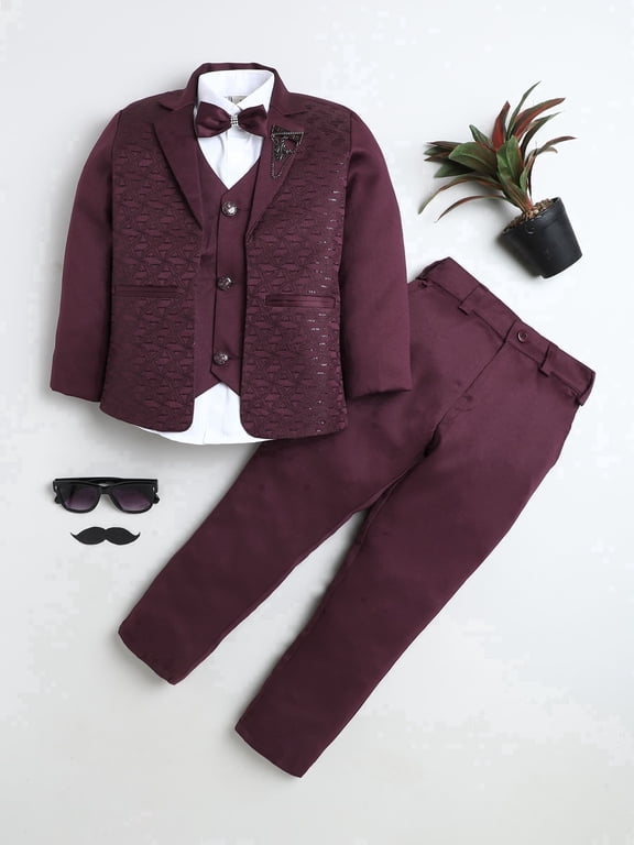 Boys' Geometric 3-Piece Suit Jacket with Bow Tie, Burgundy, 3-4Y