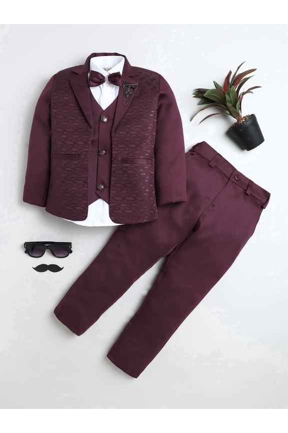 Boys Satin Modern Geometric Jacquard Woven 3-Piece Suit Set with Bow Tie - Burgundy, 4-5Y