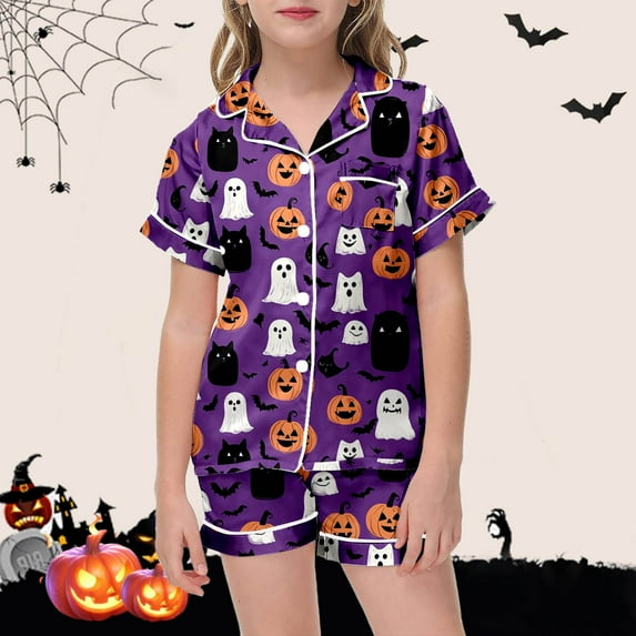 Boys Satin Pajamas Set Button Down Tops Set Classic Pajamas Set Halloween prints Pajamas Boys Size 2T