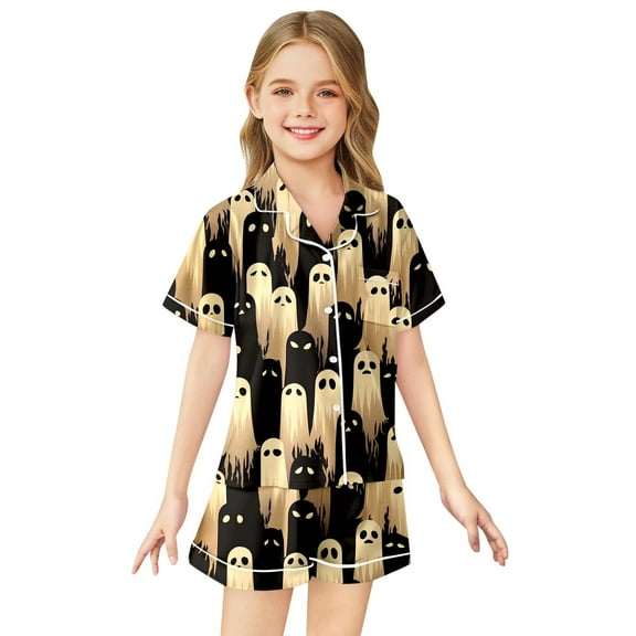 Boys Satin Pajamas Set Button Down Tops Set Toddler Girl Sleepwear Halloween prints Girls Clothes 4T