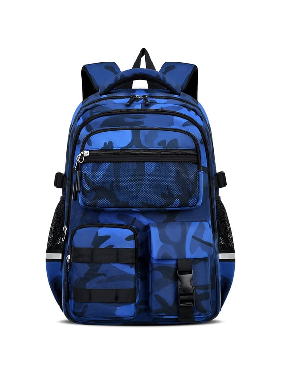 Boys School Backpack for Grades 1-5, Camouflage Water-Repellent Bookbag with Reflective Strips, Breathable School Bag for Elementary Middle Students,22L