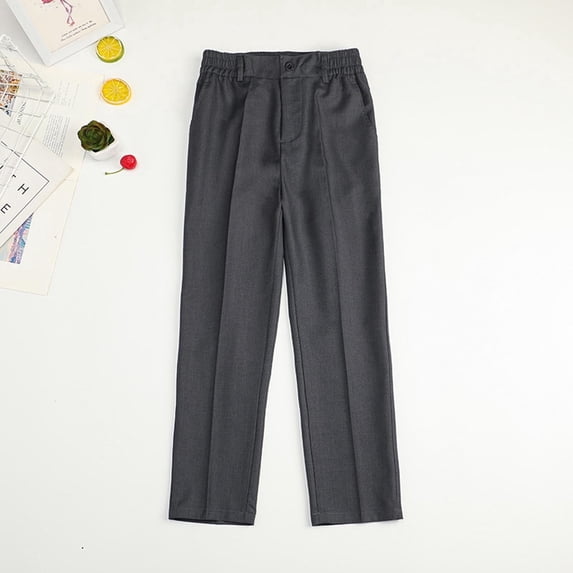 Boys School Pants Gray, Pleated Uniform Dress Pants for Kids with Elastic Waistband, Classic Fit Straight Leg Sizes 4-18,Size 3-4 T