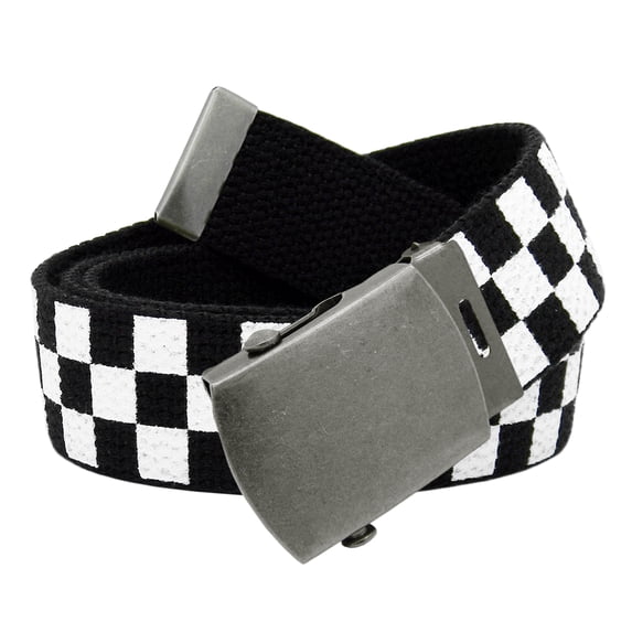 Boys School Uniform Antique Silver Slider Military Belt Buckle with Canvas Web Belt Large Checkered