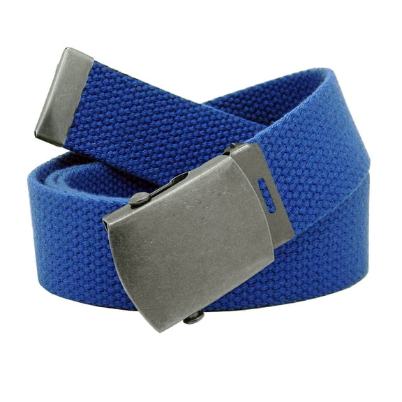 Boys School Uniform Antique Silver Slider Military Belt Buckle with Canvas Web Belt Large Royal Blue