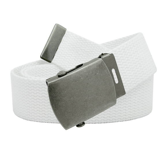 Boys School Uniform Antique Silver Slider Military Belt Buckle with Canvas Web Belt Medium White