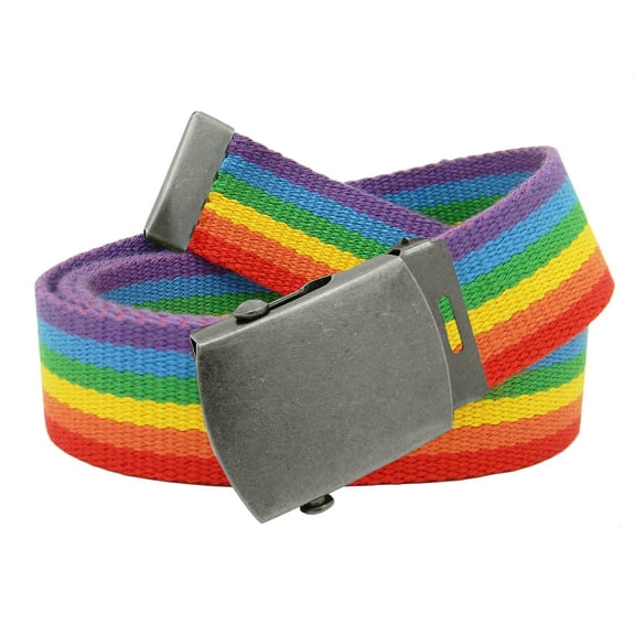 Boys School Uniform Antique Silver Slider Military Belt Buckle with Canvas Web Belt Small Rainbow