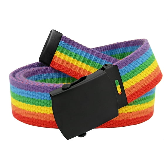 Boys School Uniform Black Slider Military Belt Buckle with Canvas Web Belt Large Rainbow