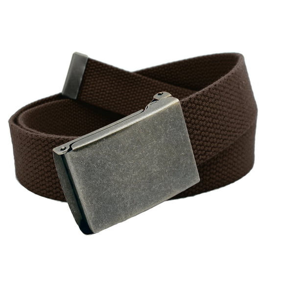 Boys School Uniform Distressed Silver Flip Top Military Belt Buckle with Canvas Web Belt Husky X-Large Brown