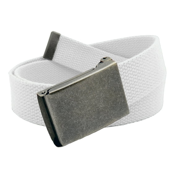 Boys School Uniform Distressed Silver Flip Top Military Belt Buckle with Canvas Web Belt Large White
