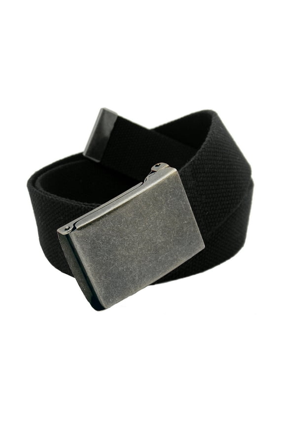 Boys School Uniform Distressed Silver Flip Top Military Belt Buckle with Canvas Web Belt Medium Black