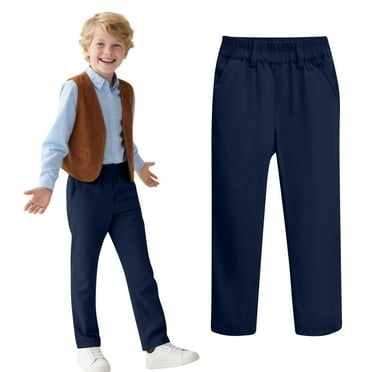 Boys' School Uniform Flat Front Twill Pants Adjustable Waist Stretch Straight Fit Chino Pant Kids Pull On Khaki Pants, for 5-14 Years