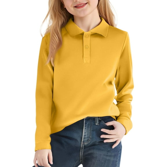Boys' School Uniform Long Sleeve Polo Shirt, Button Closure, Comfortable & Soft Pique Fabric Yellow 130