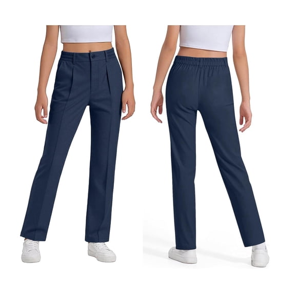 Boys School Uniform Pants Dress Pants Elastic High Waist Stretch Pants with Pockets Girl Navy Uniform Pants Back To School Size 9-10 Years Boys Pants
