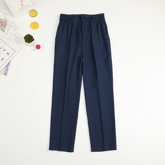 Boys School Uniform Pants Elastic Adjustable Waist Dress Pants with Pockets Straight Leg Trousers for Teen Kids Navy 10-11 Years
