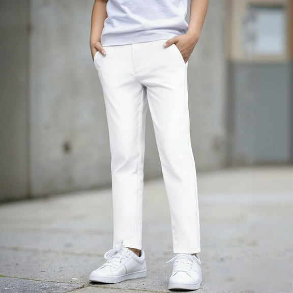 Kids Uniforms for Boys Pull on Chino Pants with Pockets Straight Pants White Uniform Pants for Boys Back to School Clothes for Boys Kids Boys Pants 9-10 Years