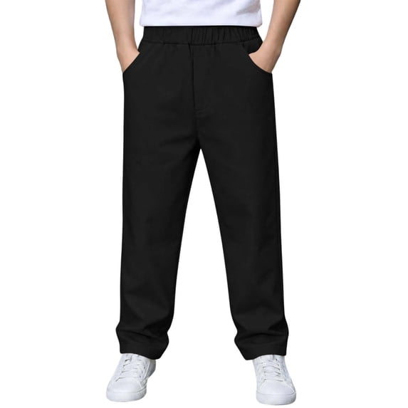Boys School Uniform Pants Pull-On Loose Fit Lightweight Workwear Flat Front Elastic Waist Straight Trousers with Pockets Black 7-8 Years