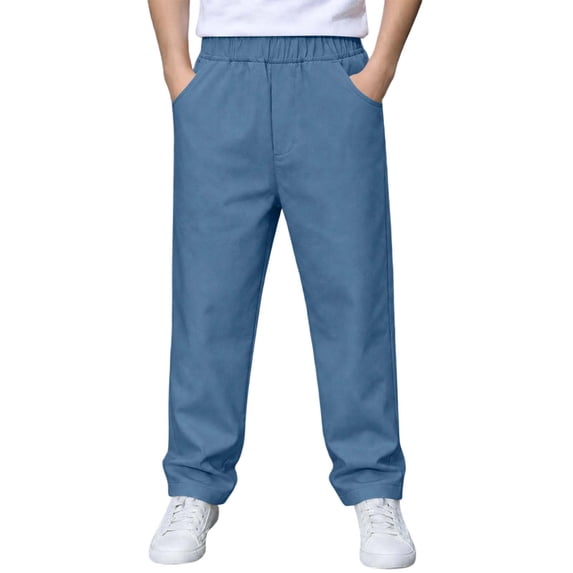 Boys School Uniform Pants Pull-On Loose Fit Lightweight Workwear Flat Front Elastic Waist Straight Trousers with Pockets Blue 14-15 Years