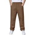 thumbnail image 1 of Boys School Uniform Pants Pull-On Loose Fit Lightweight Workwear Flat Front Elastic Waist Straight Trousers with Pockets Brown 9-10 Years, 1 of 9