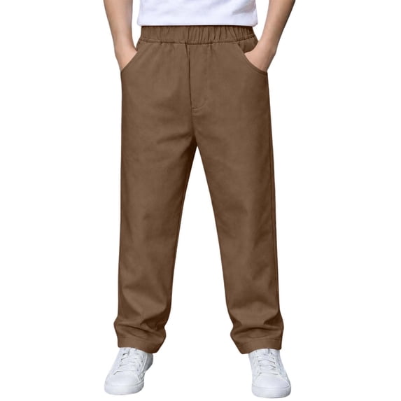 Boys School Uniform Pants Pull-On Loose Fit Lightweight Workwear Flat Front Elastic Waist Straight Trousers with Pockets Brown 9-10 Years