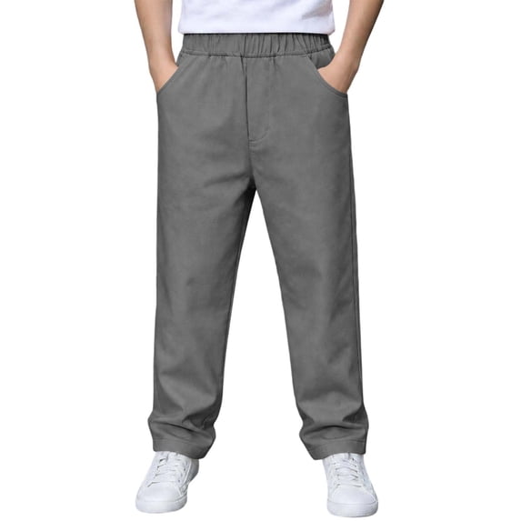 Boys School Uniform Pants Pull-On Loose Fit Lightweight Workwear Flat Front Elastic Waist Straight Trousers with Pockets Gray 14-15 Years