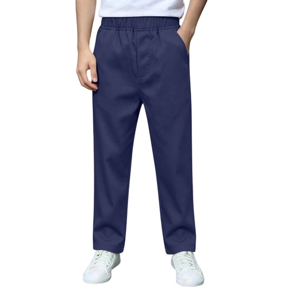 Boys School Uniform Pants Pull-On Loose Fit Lightweight Workwear Flat Front Elastic Waisted Straight Trousers with Pockets Navy 14-15 Years