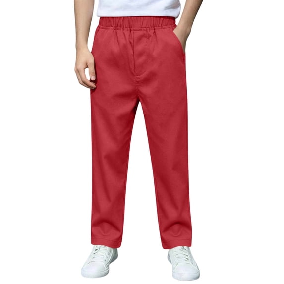 Boys School Uniform Pants Pull-On Loose Fit Lightweight Workwear Flat Front Elastic Waisted Straight Trousers with Pockets Red 10-11 Years