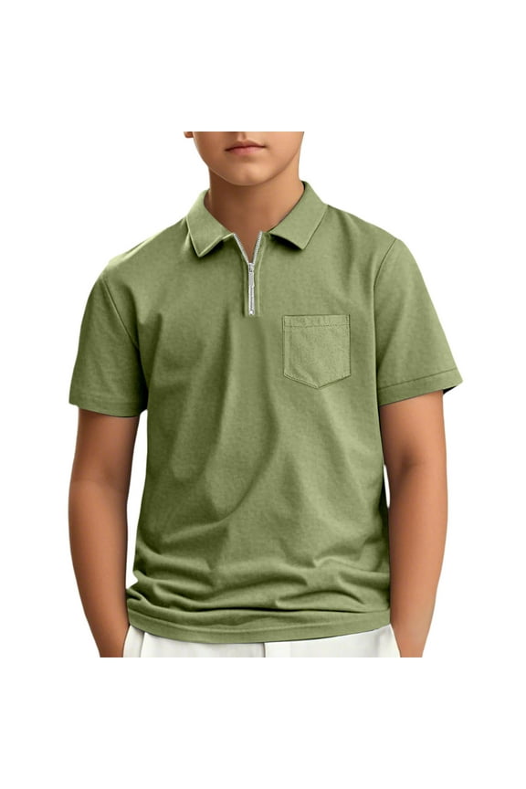 Boys' School Uniform Polo Shirt Basic Breathable Solid Color Toddler Kids Shirts Chest Pocket Summer Outdoor Clothes Army Green 9-10 Years