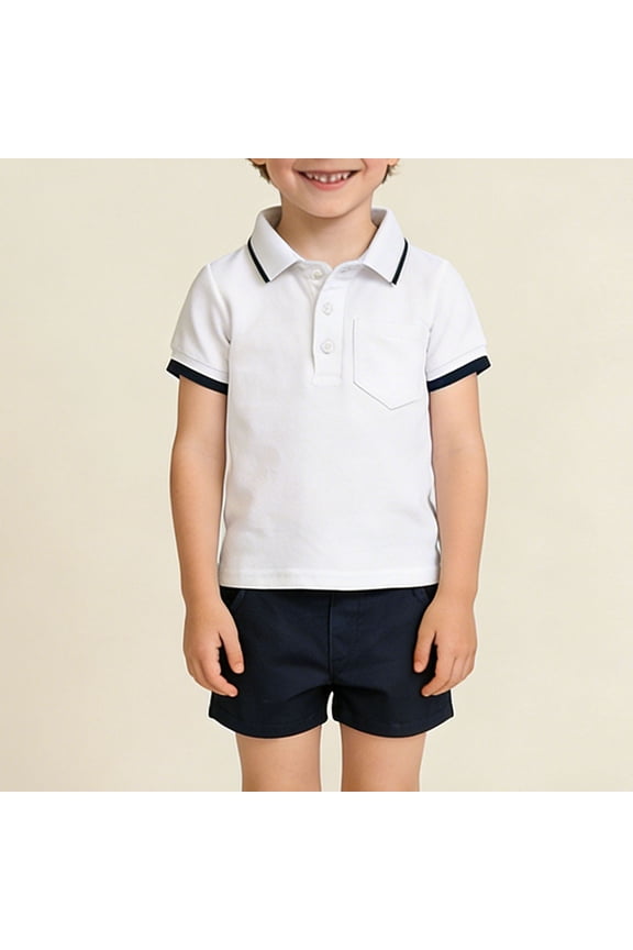 Boys School Uniform Set Short Sleeve Pique Shirt with Twill Shorts Performance School Uniform White