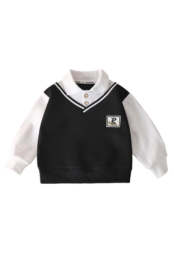 Boys School Uniform Shirts Lapel Button Long Sleeve Fake Two Piece Pullover Tops for Kids Back School Season Sweater Vests Patchwork Shirts Warm Sweatshirt Girl Black 1-2Y