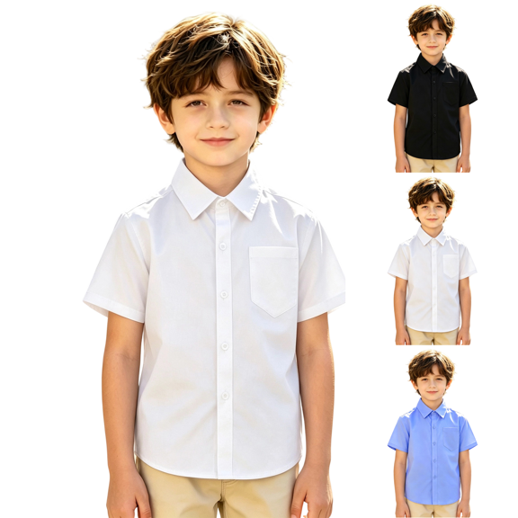 Boys School Uniform Shirts Solid Short Sleeve Point Collar Chest Pocket Wrinkle Free Relaxed Fit Kids Button Down Shirt Daily Outdoor Casual Collared Blouse Top White 11-12 Years