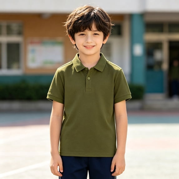 Boys' School Uniform Short Sleeve Polo Shirt Army Green Button Comfortable Soft Kids Collared Sports T-shirt 7-8 Years