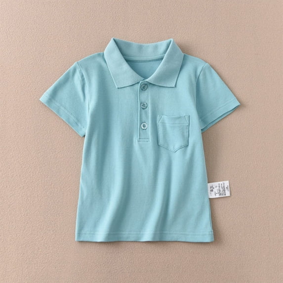 Boys' School Uniform Short Sleeve Polo Shirt, Button Closure, Comfortable & Soft Pique Fabric 1-15Y, Cyan, 140