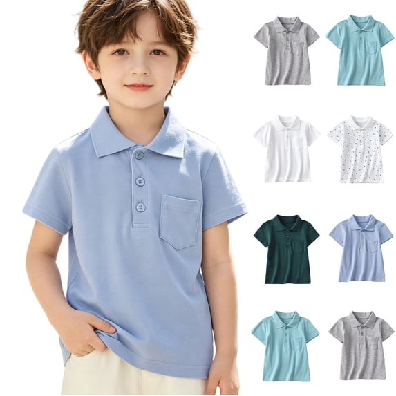 Boys' School Uniform Short Sleeve Polo Shirt, Button Closure, Comfortable & Soft Pique Fabric 1-15Y, Sky Blue, 110