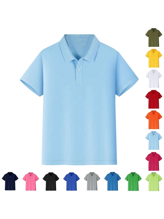 Boys' School Uniform Short Sleeve Polo Shirt, Button Closure, Comfortable & Soft Pique Fabric,Light Blue,7-8