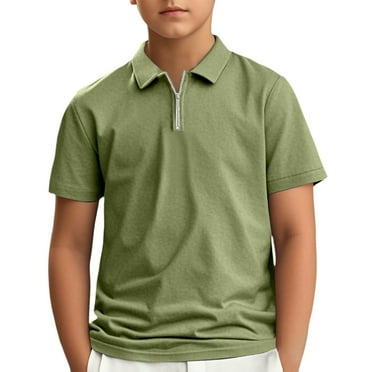 Boys' School Uniform Short Sleeve Polo Shirt, Button Closure, Moisture Wicking Performance Material(Army Green 5-6 Years)