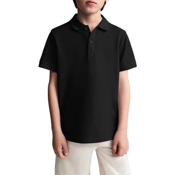 Boys' School Uniform Short Sleeve Polo Shirt, Button Closure, Moisture Wicking Performance Material Black 130