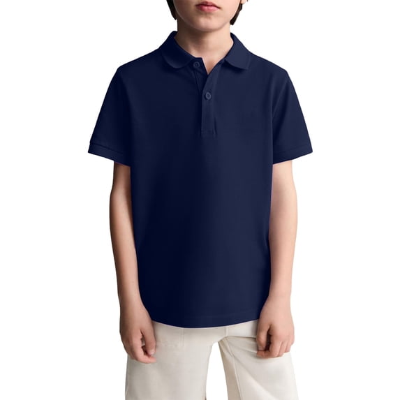 Boys' School Uniform Short Sleeve Polo Shirt, Button Closure, Moisture Wicking Performance Material Navy 110