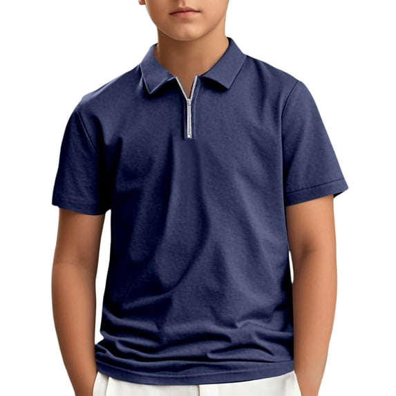 Boys' School Uniform Short Sleeve Polo Shirt, Button Closure, Moisture Wicking Performance Material(Navy 7-8 Years)