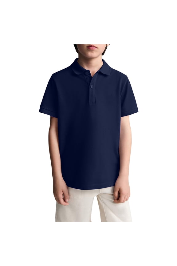 Boys' School Uniform Short Sleeve Polo Shirt, Button Closure, Summer Going Out Solid Lightweight Clothes Navy 130