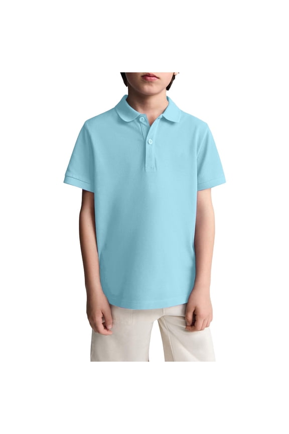 Boys' School Uniform Short Sleeve Polo Shirt, Button Closure, Summer Going Out Solid Lightweight Clothes Sky Blue 130