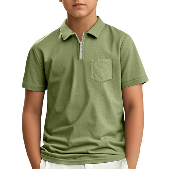 Boys' School Uniform Short Sleeve Polo Shirt Button Closure Tops Moisture Wicking Performance Material (Army Green 5-6 Years)